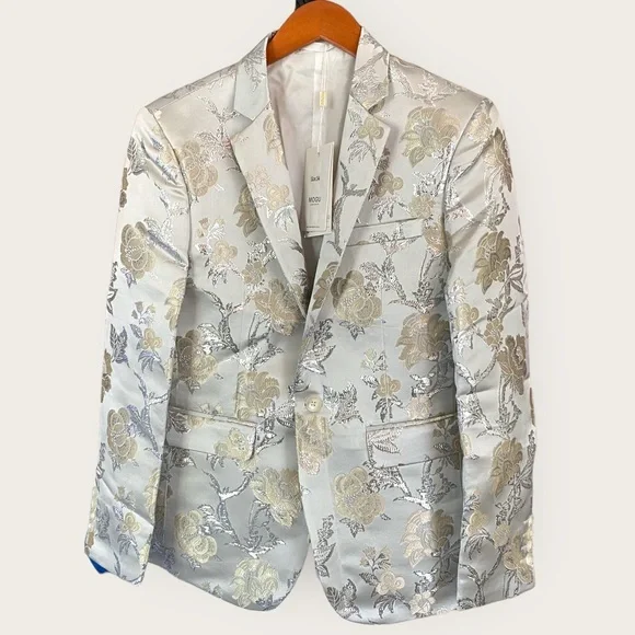 MOGU Mens Metallic Jacquard Blazer Slim Fit Elegant Tuxedo Suit Jacket - Picture 3 of 10